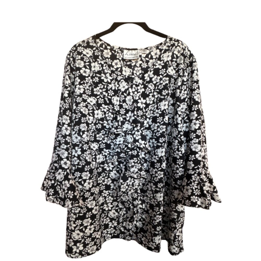 Linea by Louis Dell’Olio Black White Floral Ruffle Bell Sleeve Blouse Size 2X